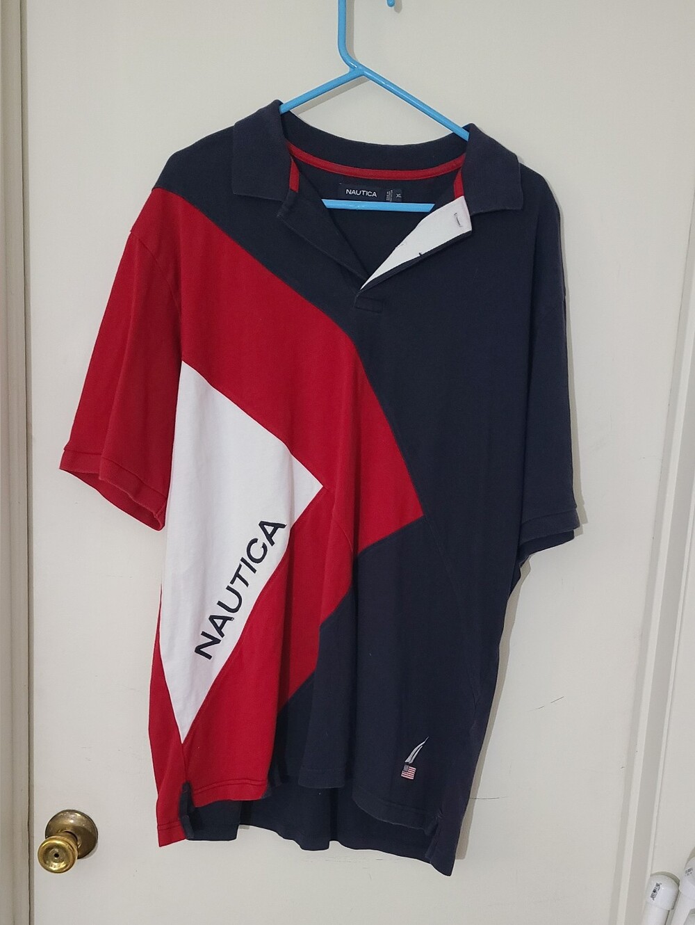 Nautica Navy, Red & White Diagonal Colorblock Polo XL